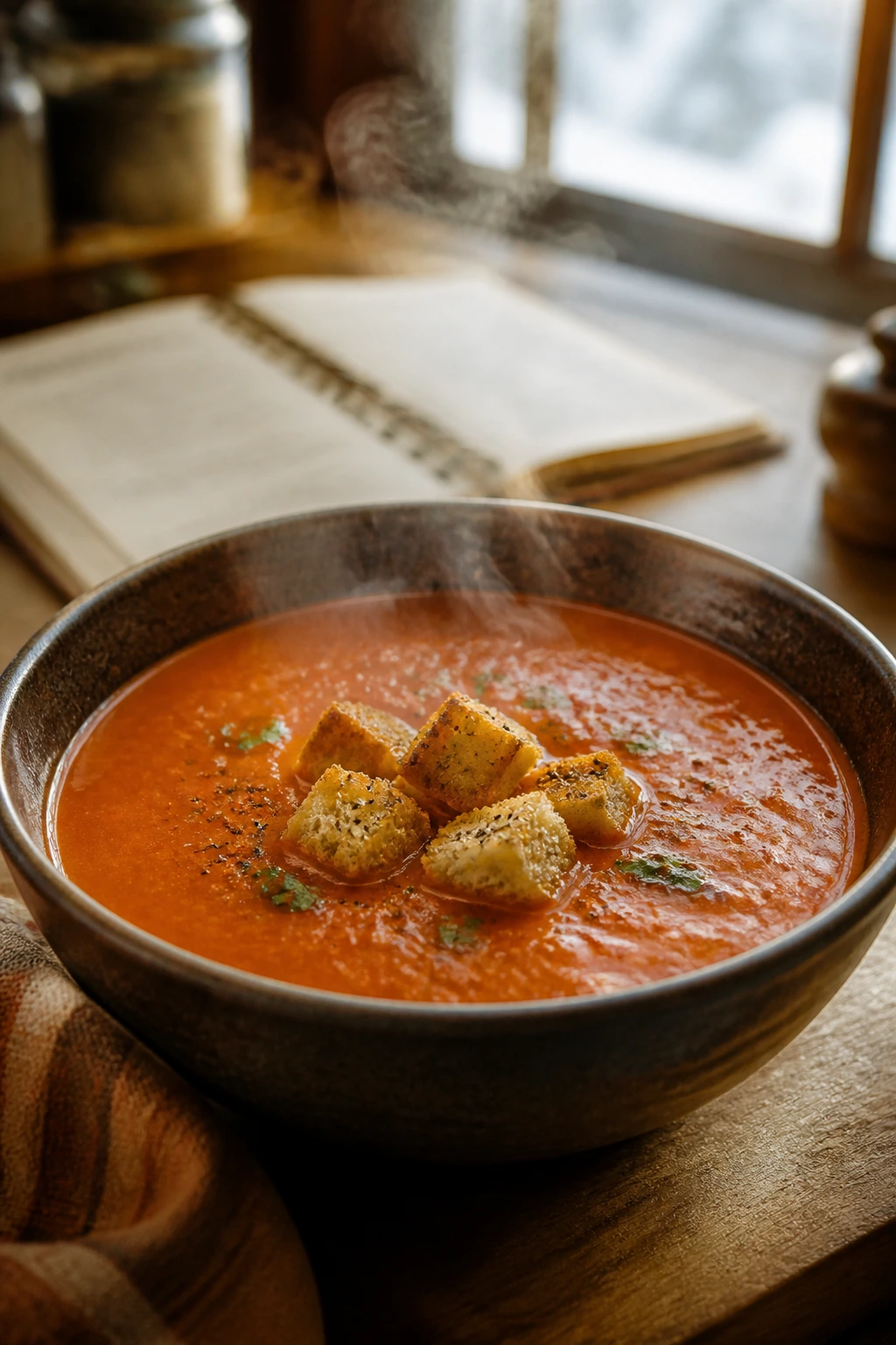 Steam rises from tomato soup in a deep bowl on a wooden counter in a cozy kitchen
