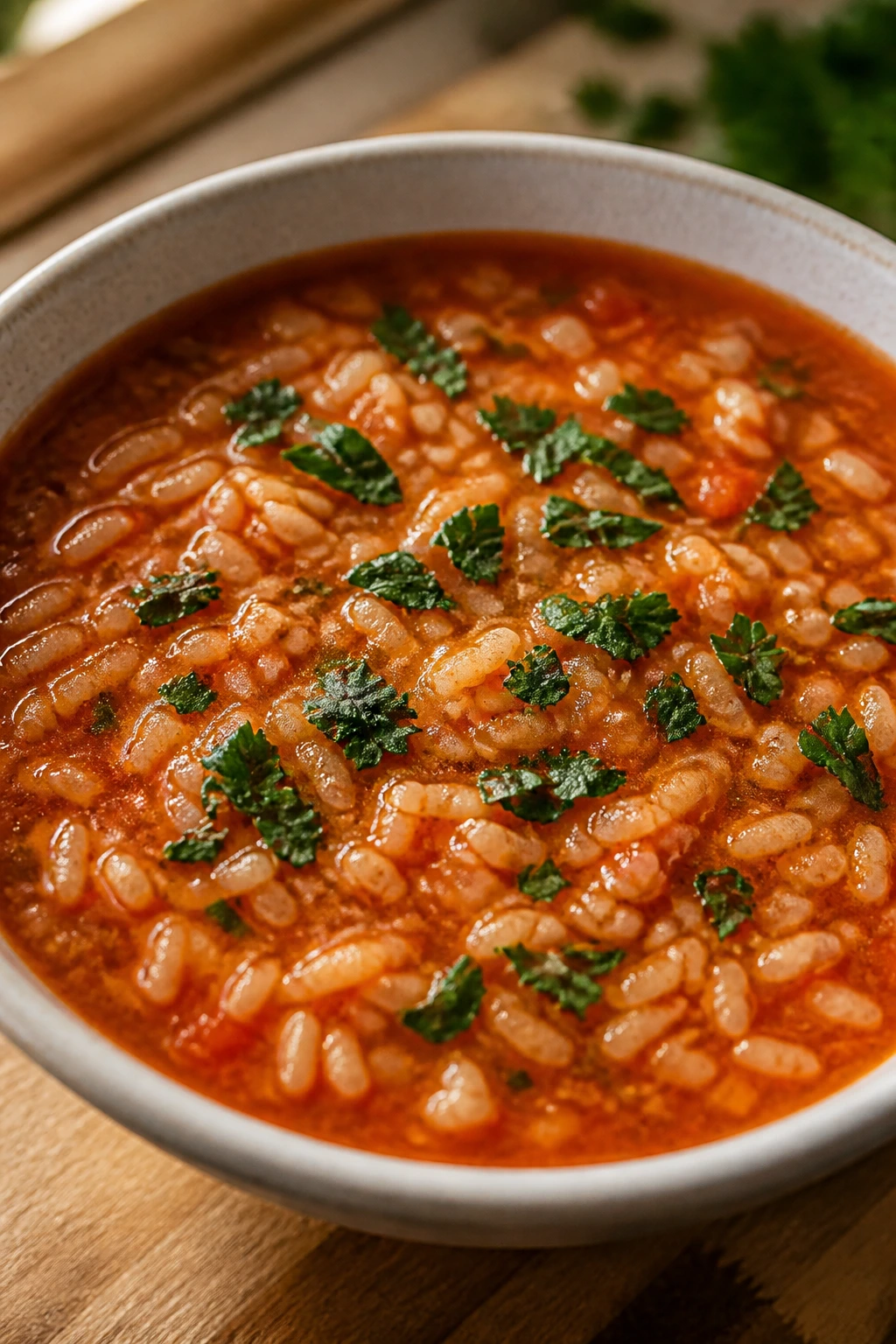 Tomato soup with rice and herbs in a white bowl on wood