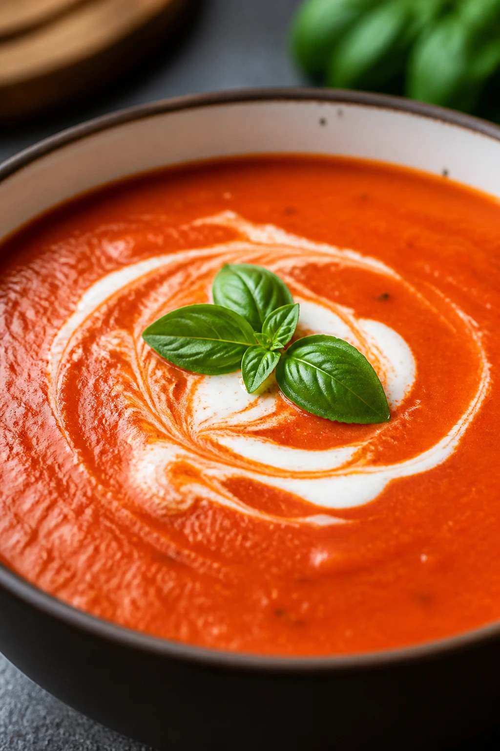 Close-up of smoky tomato soup with roasted peppers and a cream swirl.