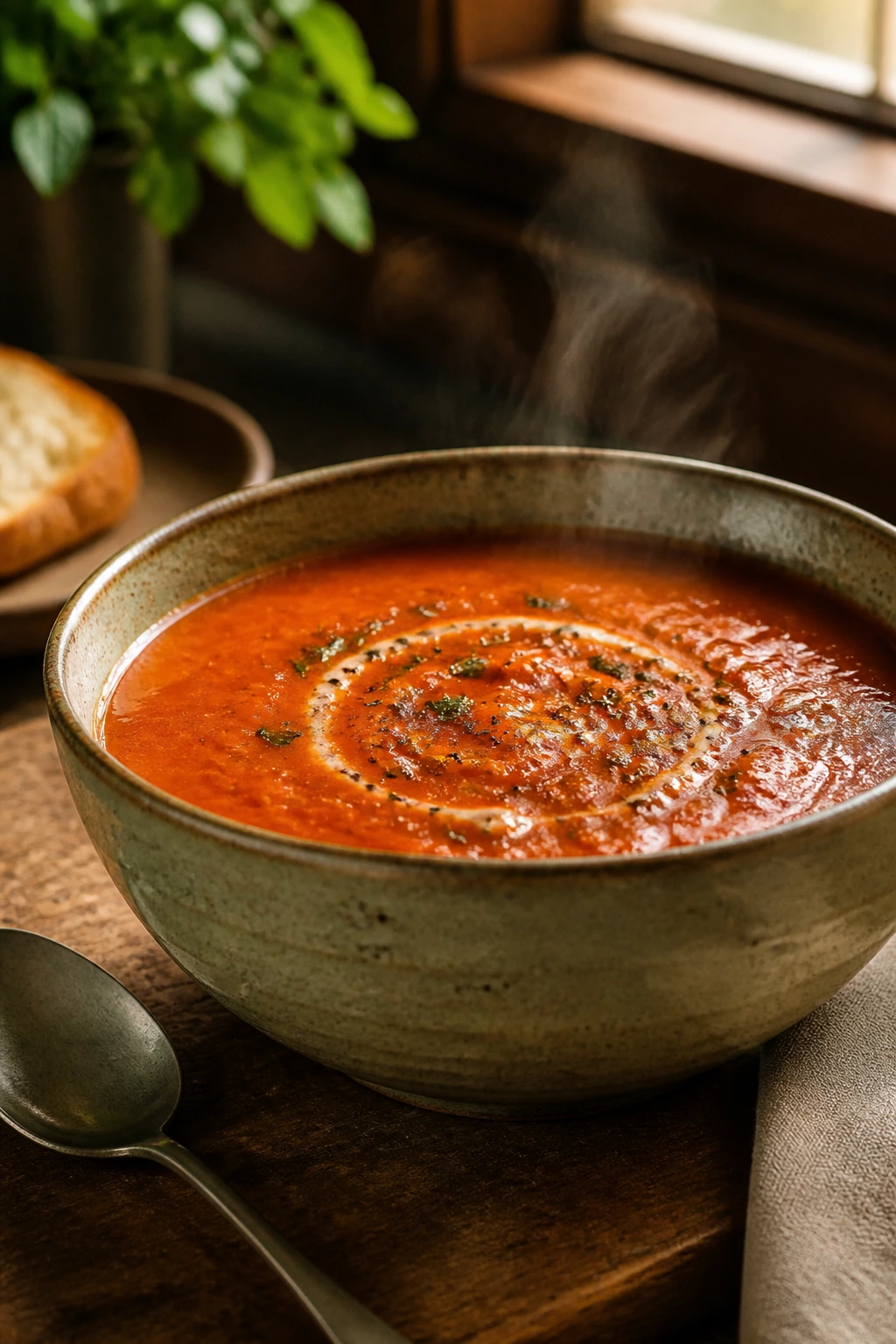 Close-up of velvety tomato soup in a rustic bowl on a wooden table