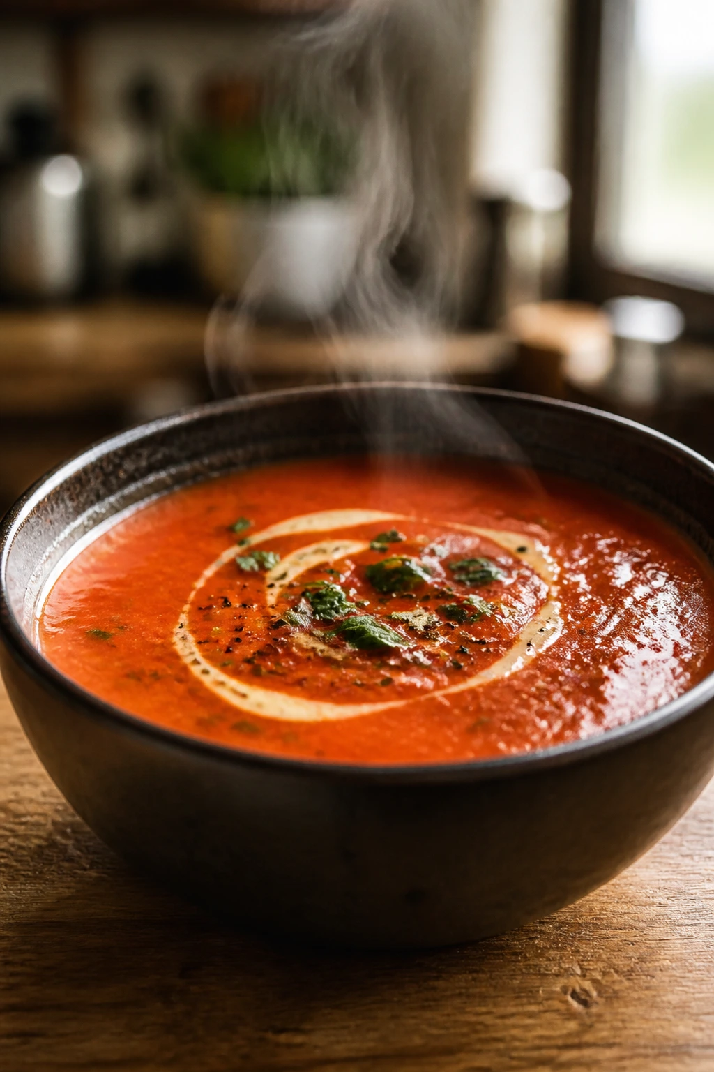 Steaming bowl of tomato soup served in a cozy kitchen