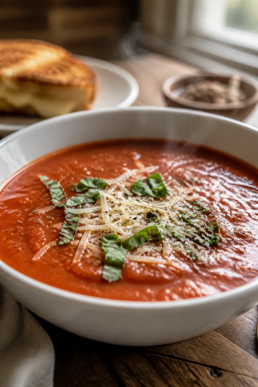 Close-up of tomato soup with parmesan, basil, and pepper toppings in a rustic setting