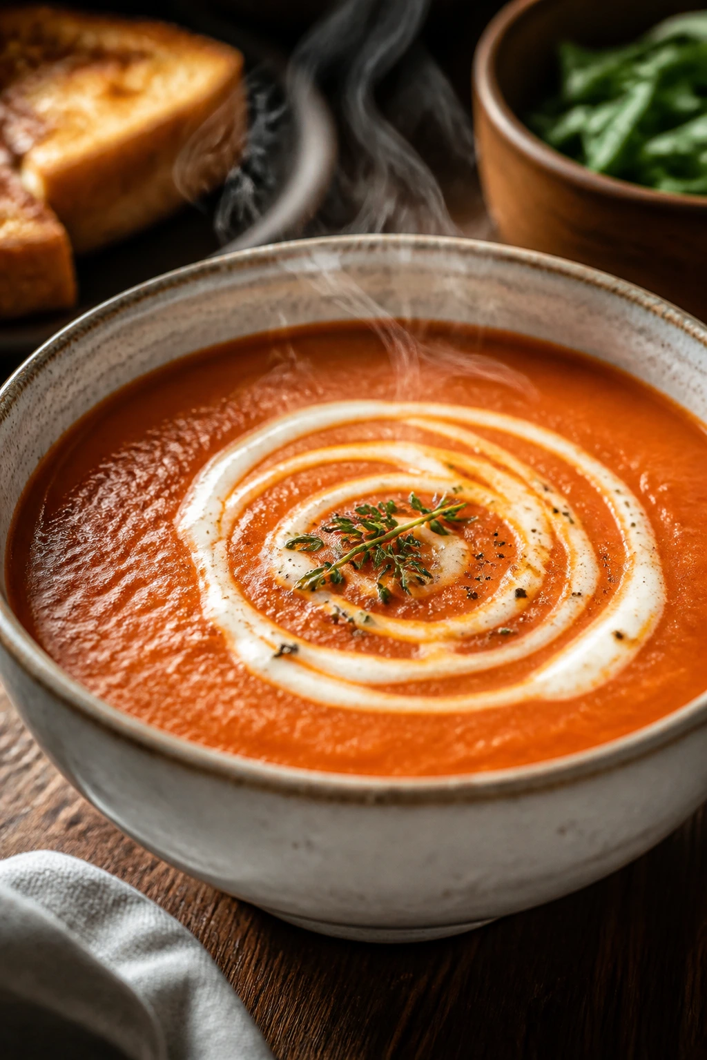 Close-up of steaming creamy tomato soup with cream swirl in a warm bowl