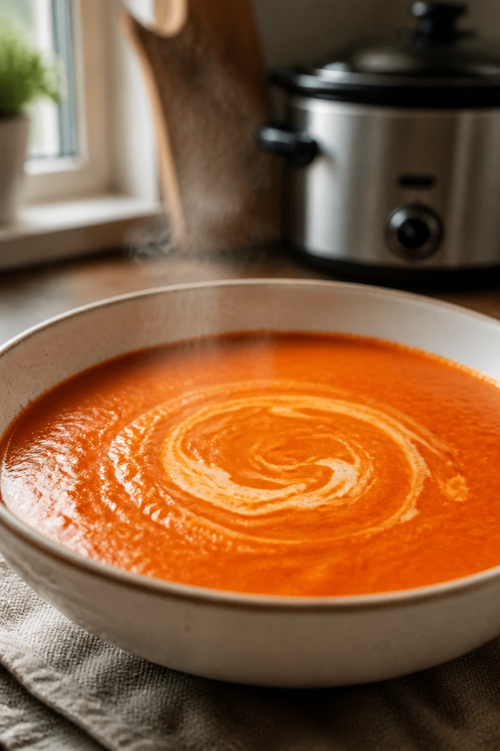 Close-up of a steaming bowl of slow cooker tomato soup in a warm kitchen