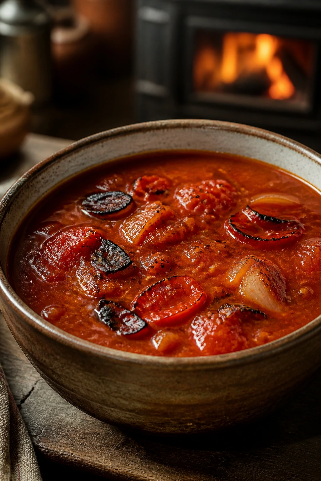 Smoky tomato soup in a rustic bowl with charred vegetables visible