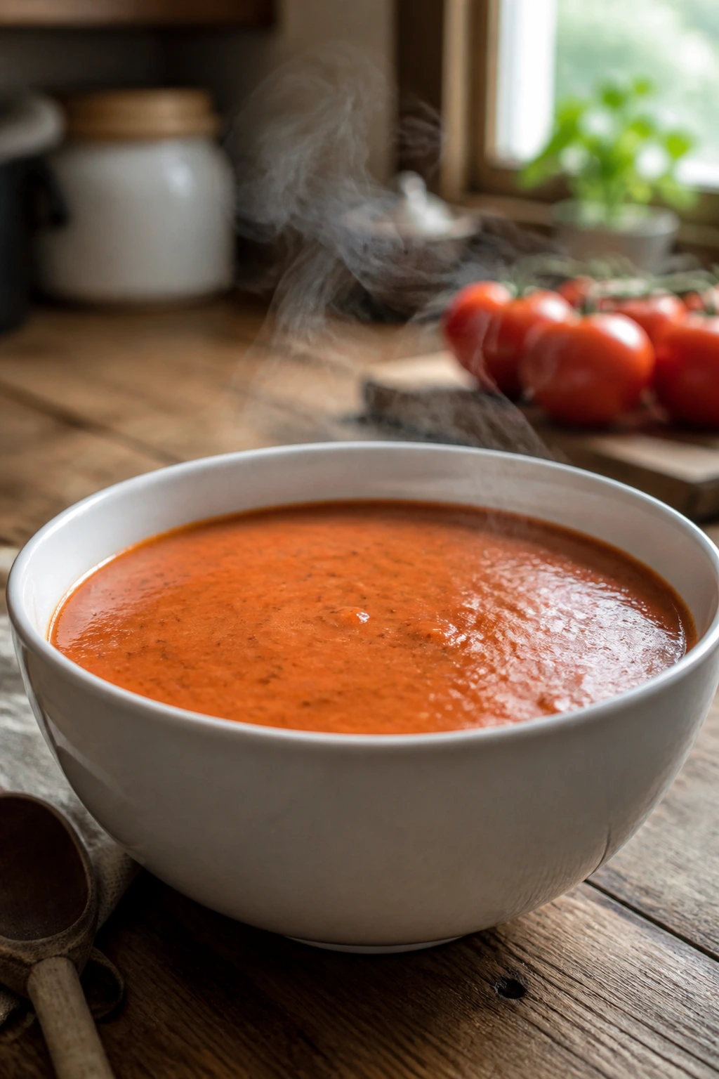 Creamy tomato soup in a bowl on a rustic kitchen counter