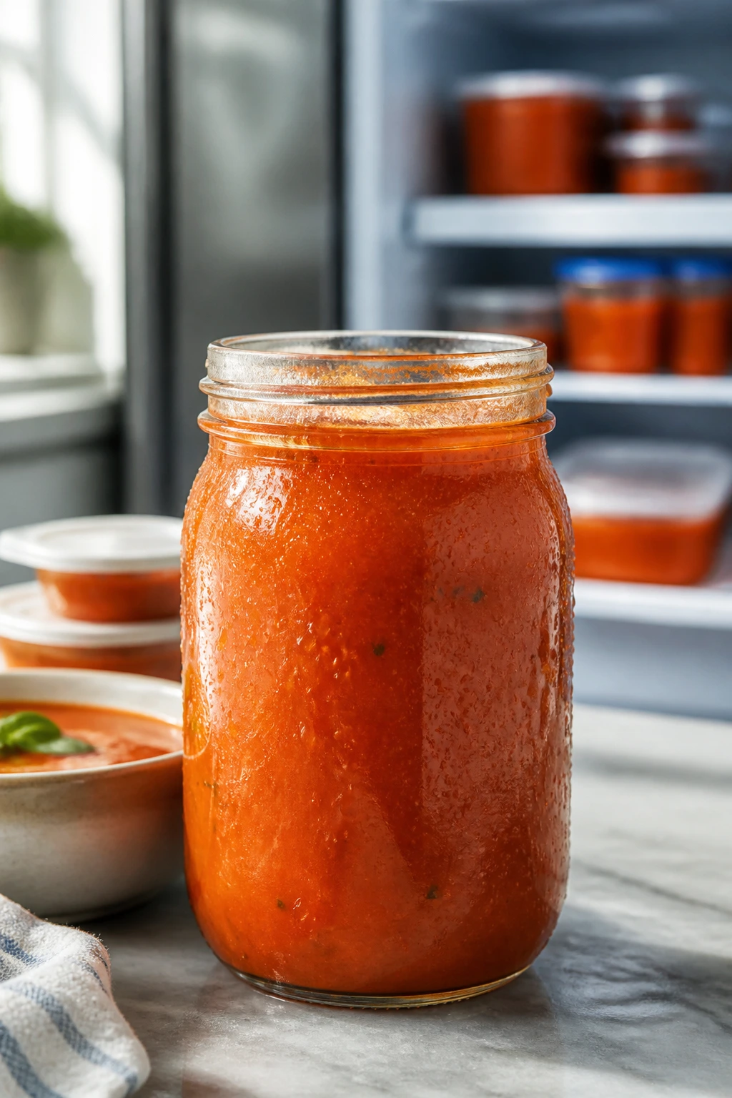 Mason jar of tomato soup on kitchen counter with fridge in background