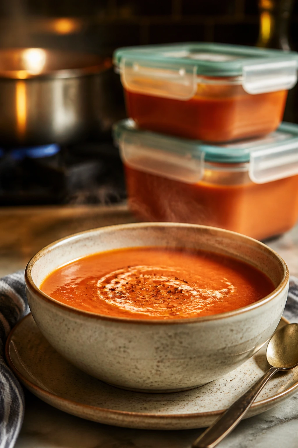 Reheated tomato soup in a bowl with storage containers in the background