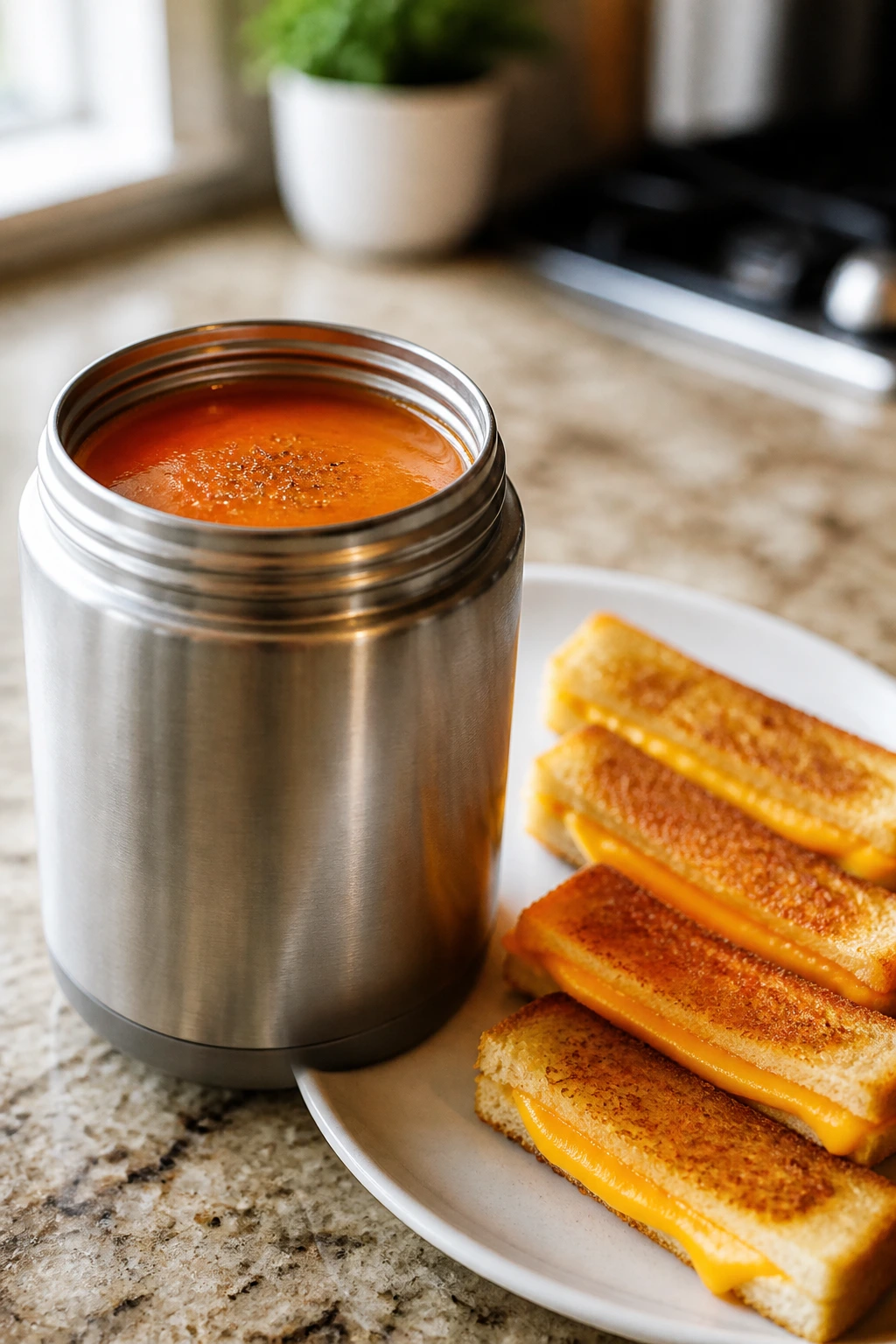 Close-up of tomato soup in a thermos with grilled cheese dippers on a plate