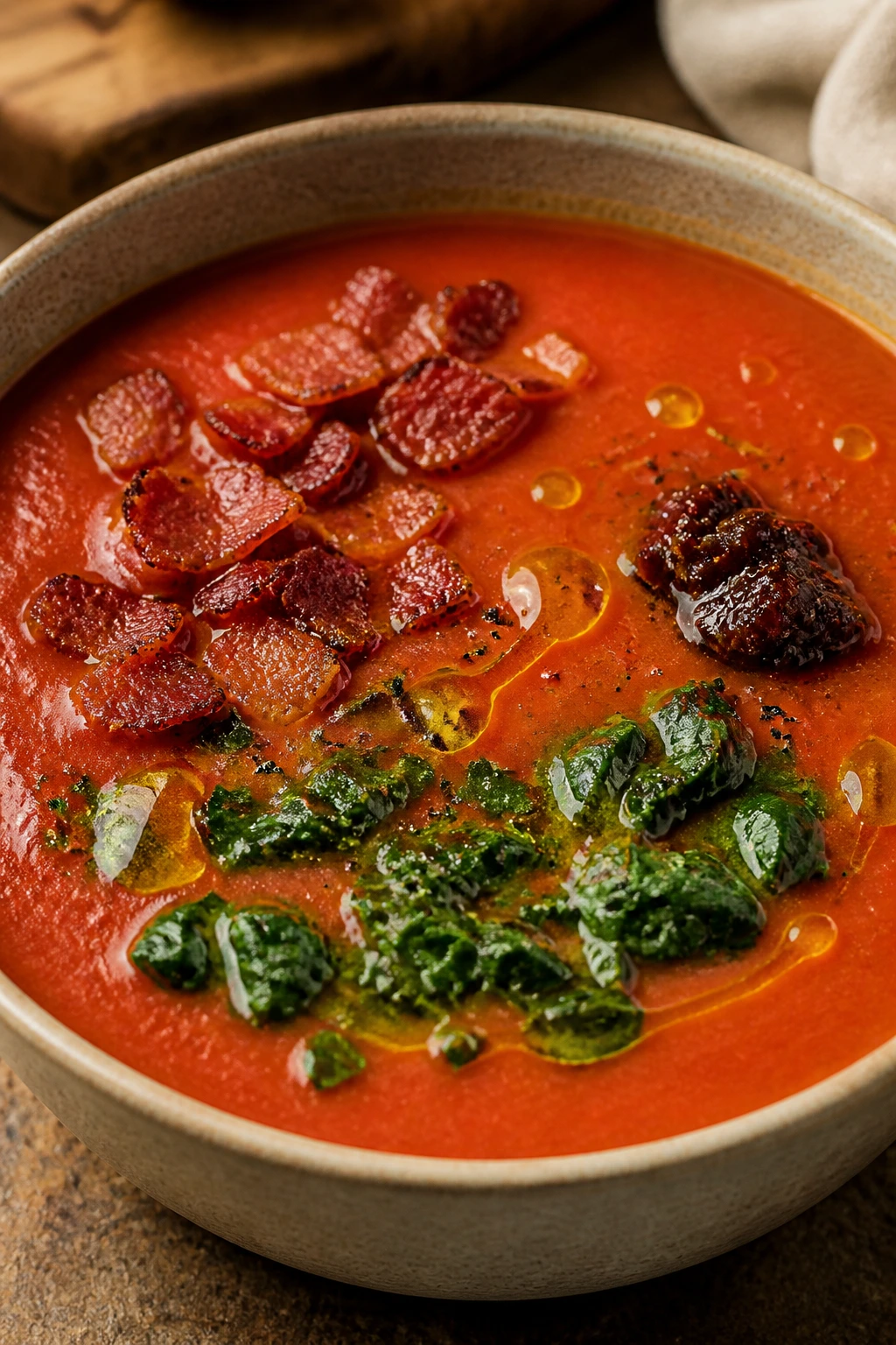 Tomato soup with assorted toppings including bacon, spinach, and olive oil