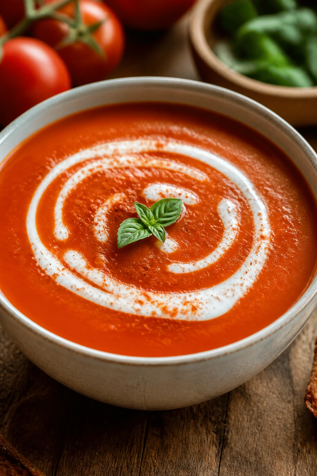 Tomato soup bowl with coconut cream swirl and paprika