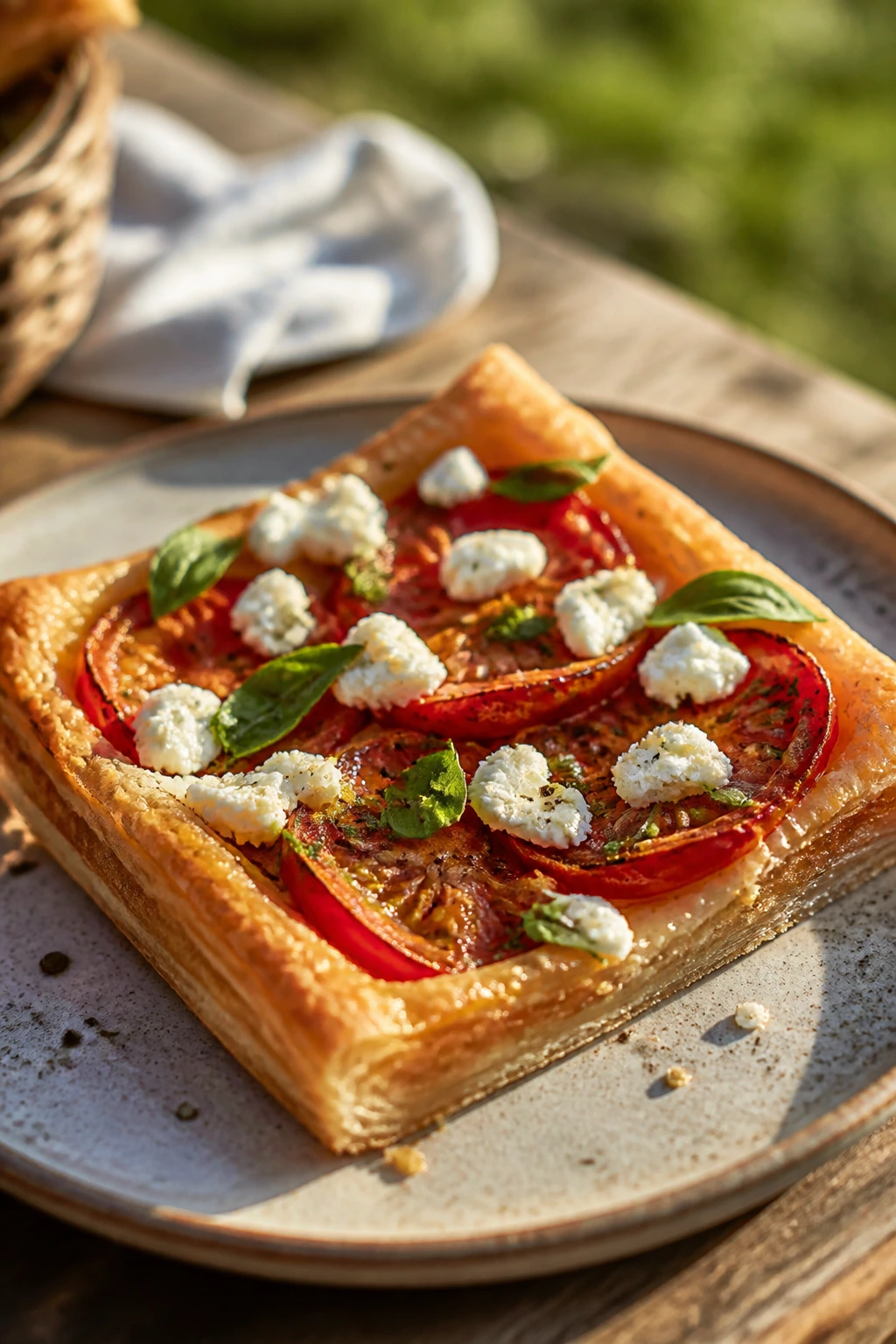 Close-up of Fresh Tomato Tart Square with Basil and Goat Cheese on a rustic plate