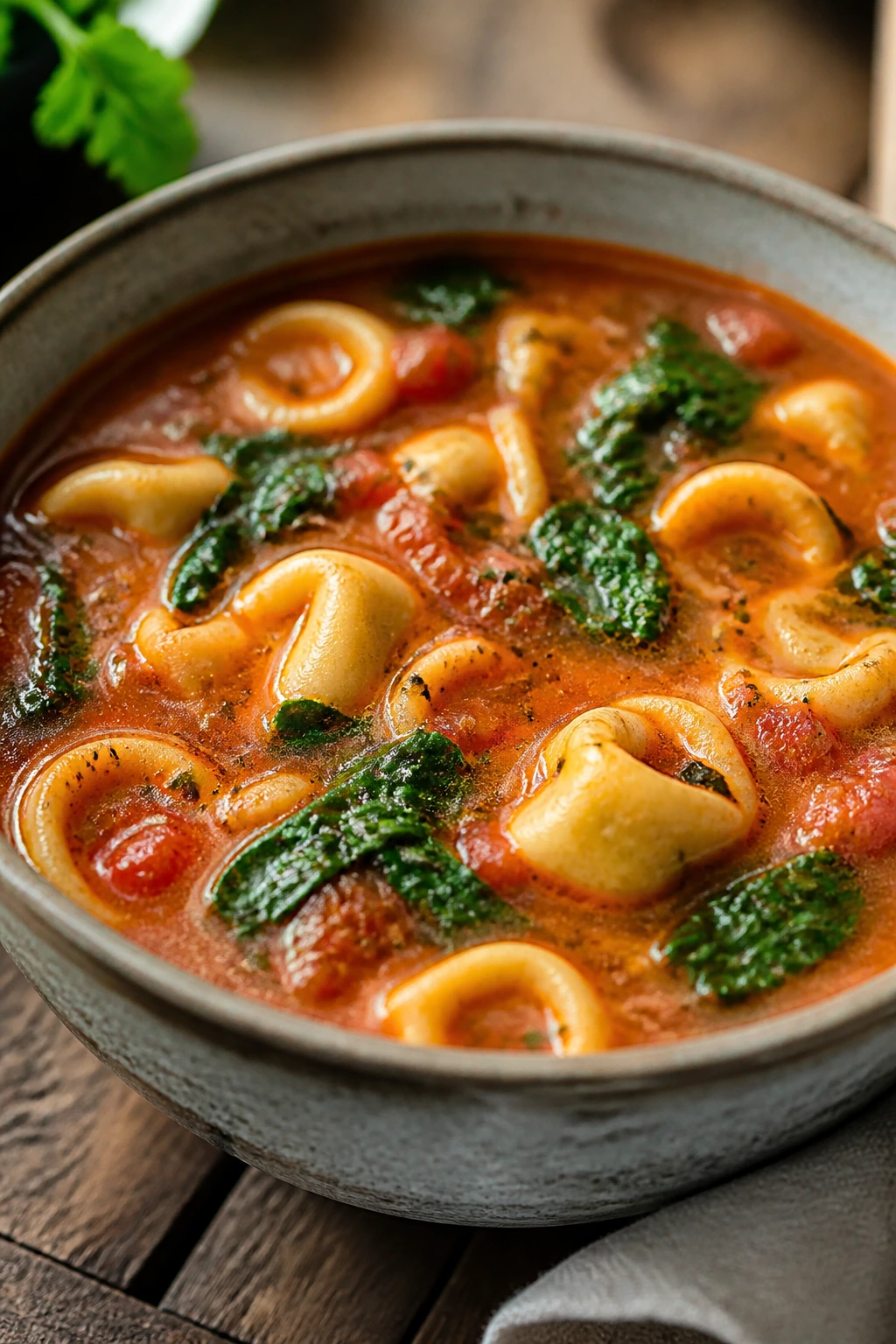 Tomato tortellini soup in a rustic bowl on a wooden table