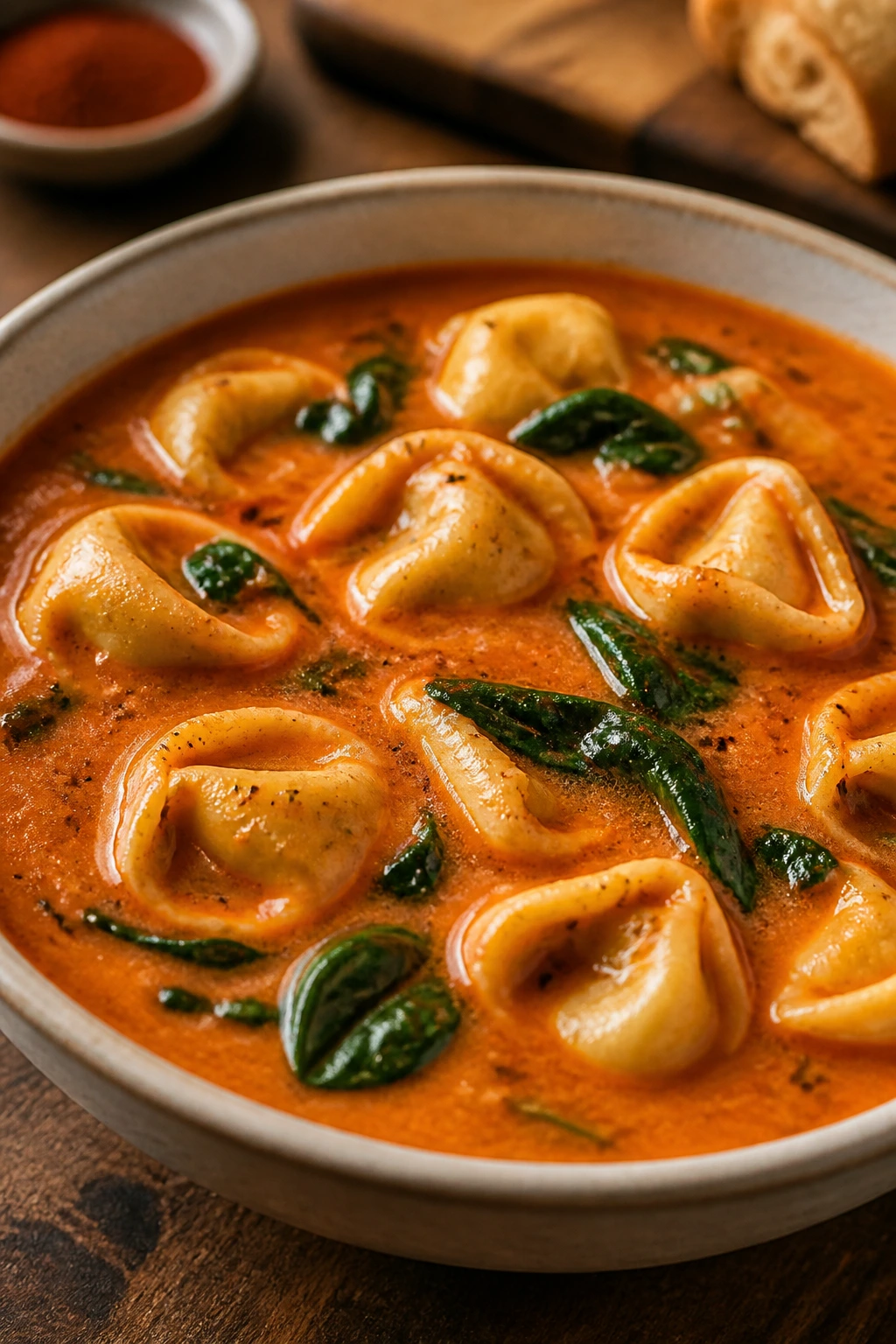 Steaming tomato tortellini soup in a bowl with spinach