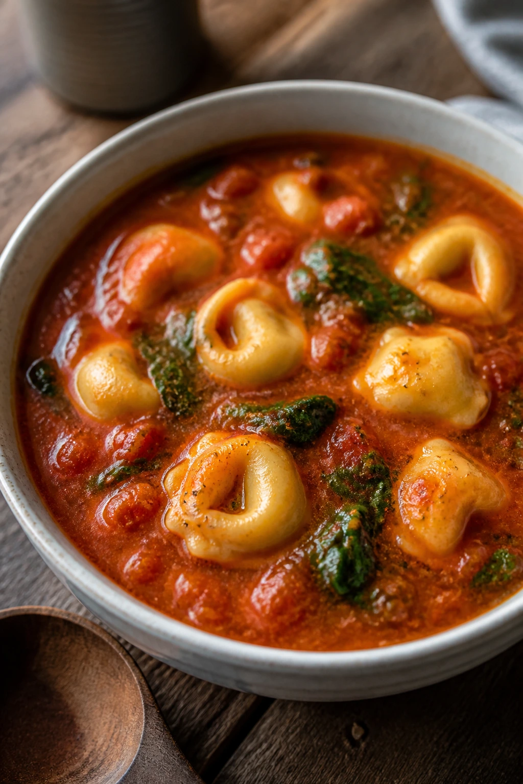 Bowl of tomato tortellini soup with spinach and tortellini