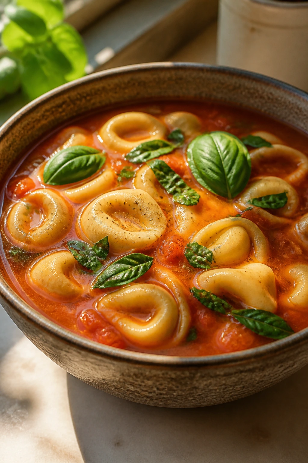 Tomato tortellini soup with tortellini and basil in a bowl