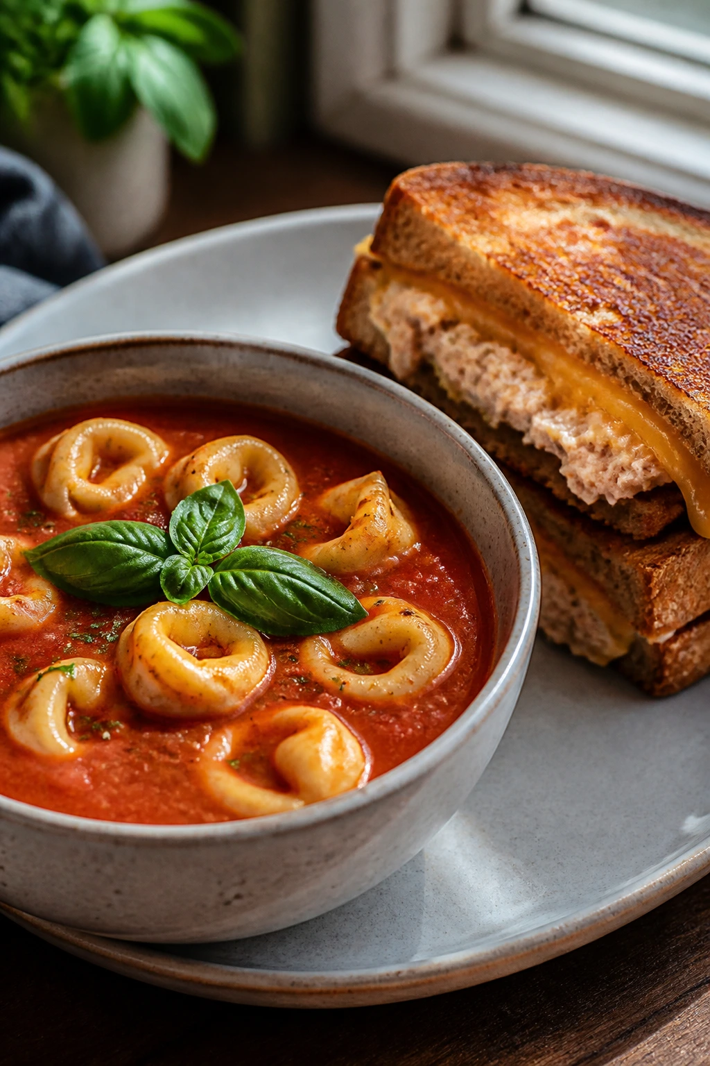 Tomato tortellini soup with a tuna melt on a plate