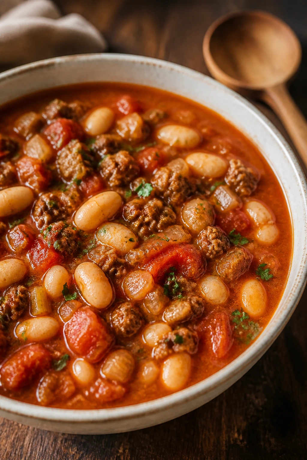 Close-up of tomato and white bean beef stew in a rustic kitchen setting