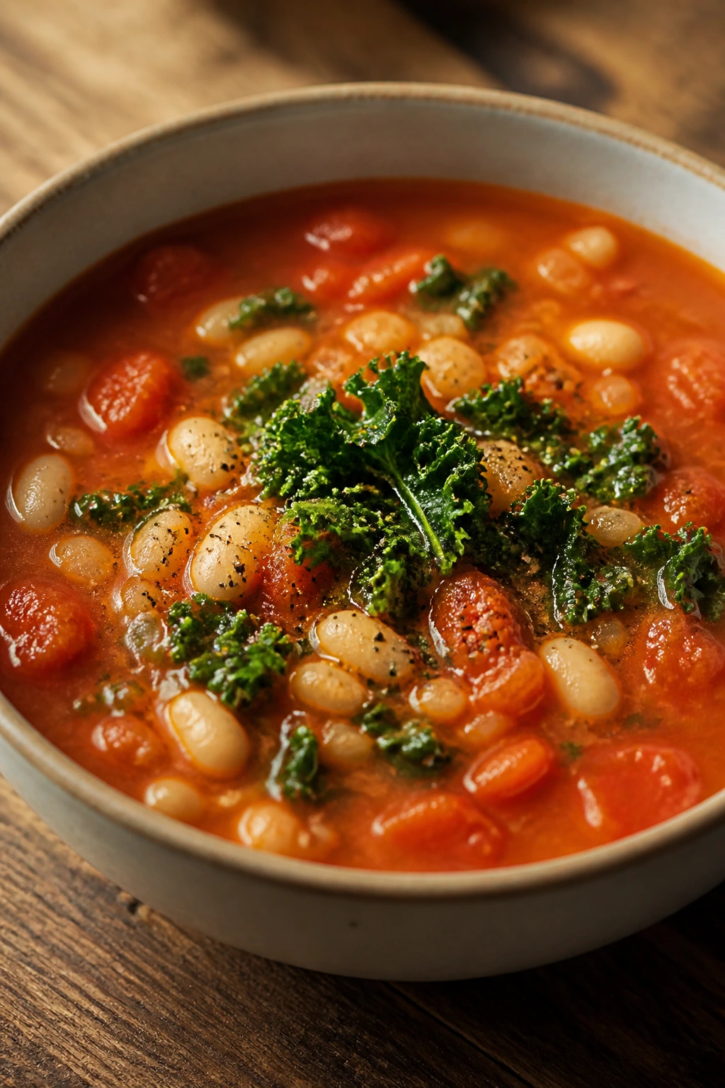 Steaming bowl of Tomato White Bean Soup with kale garnish