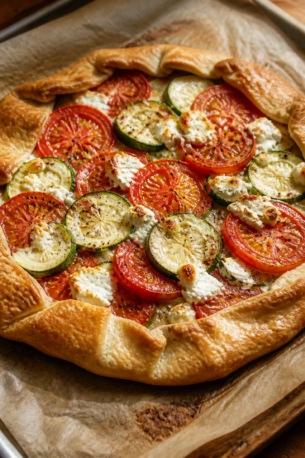 Rustic tomato zucchini galette with golden crust