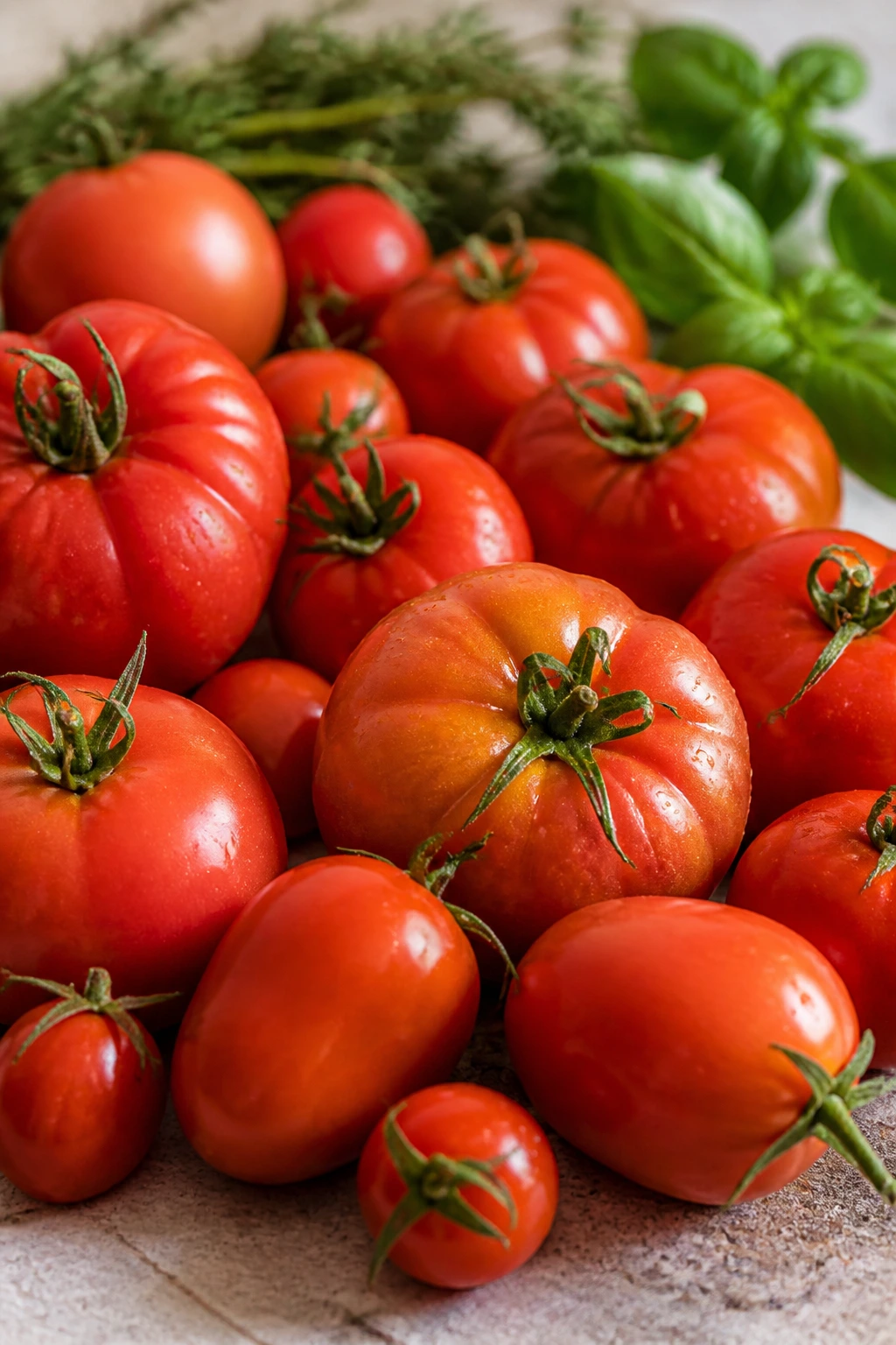 Close-up of ripe tomatoes with herbs on a kitchen counter.