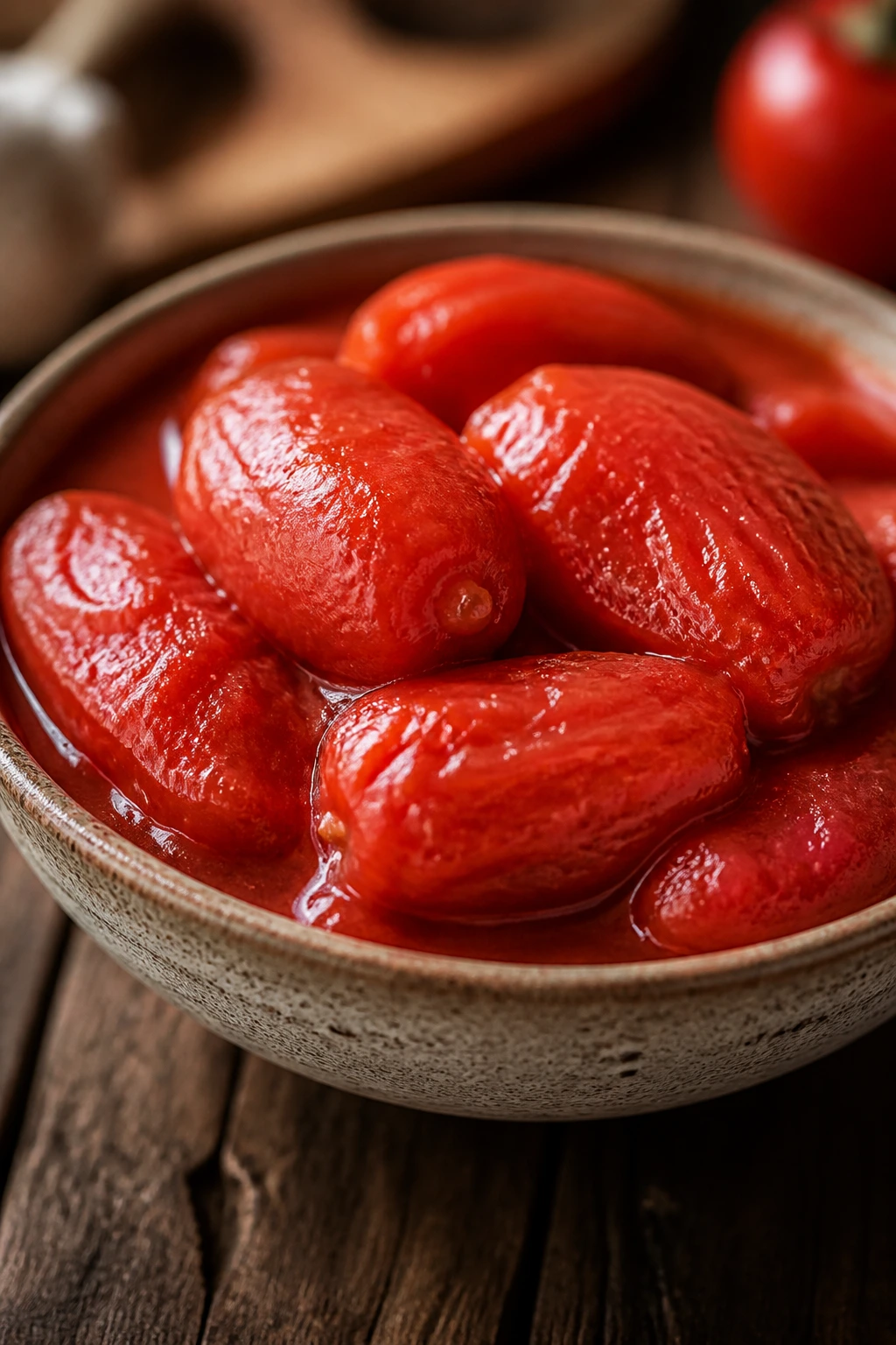 Close-up of well-lit whole peeled tomatoes in a bowl