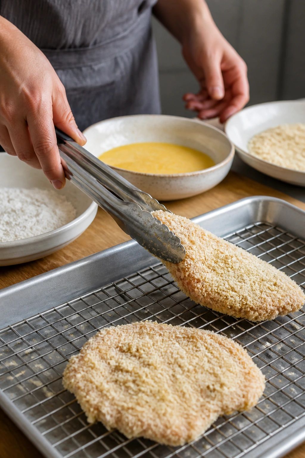 Hands with tongs placing a breaded chicken cutlet onto a baking sheet