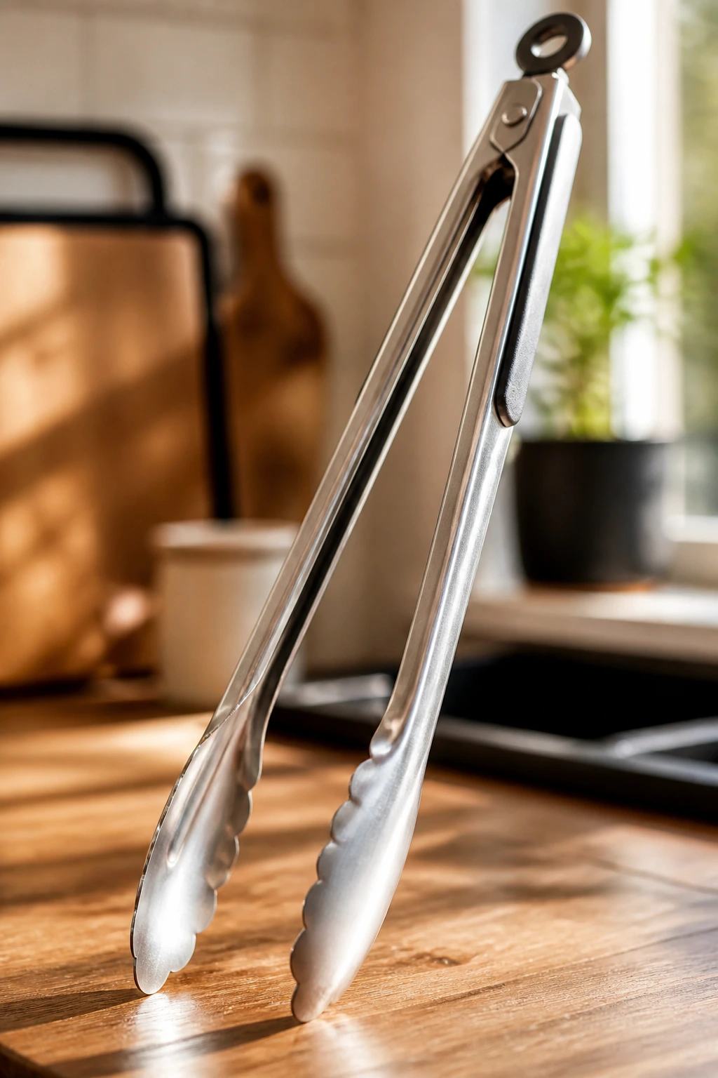 Close-up of long-handled stainless steel tongs dominating the frame in a warm kitchen