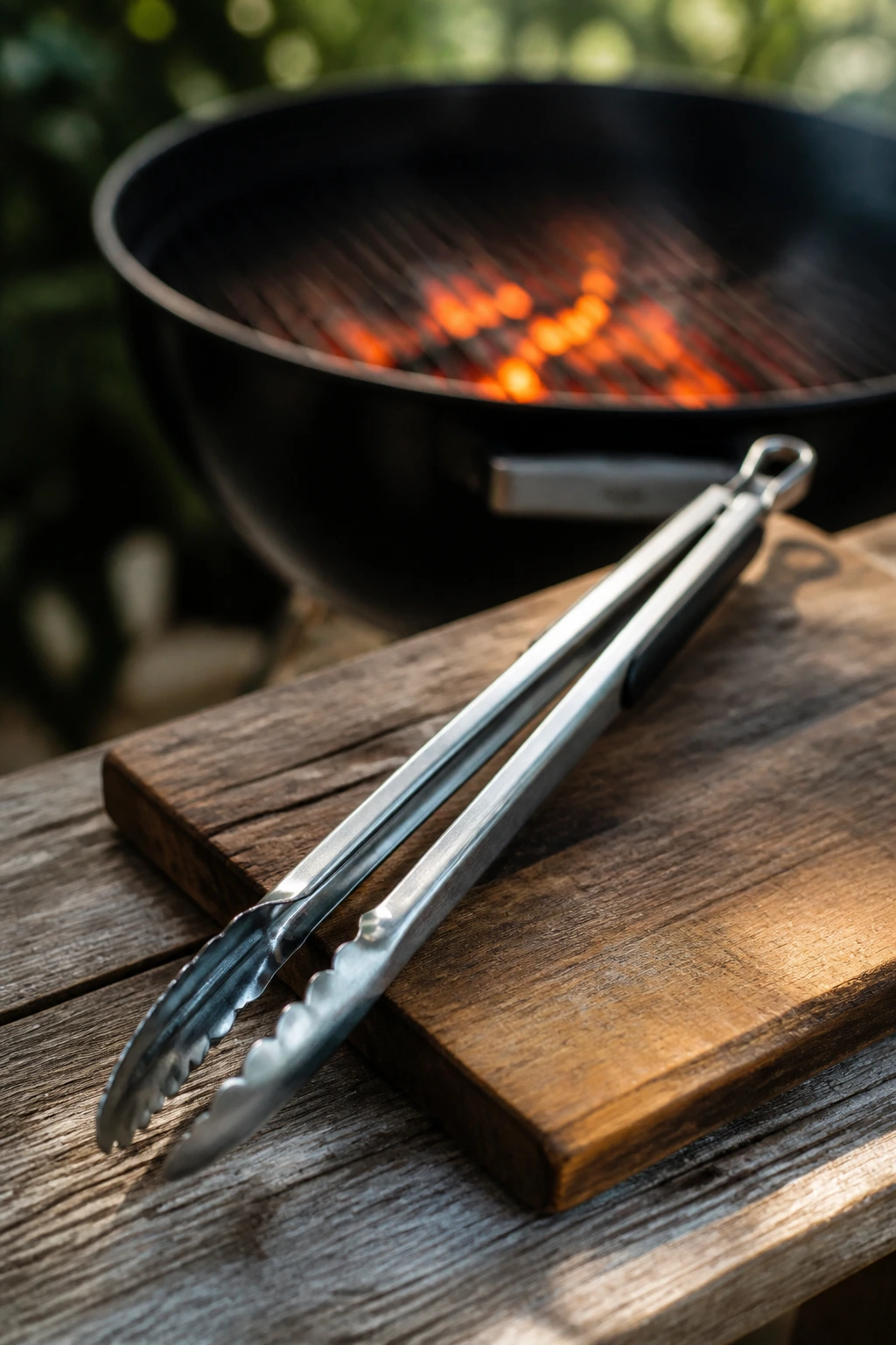 Close-up of long-handled tongs on a prep board with grill in background