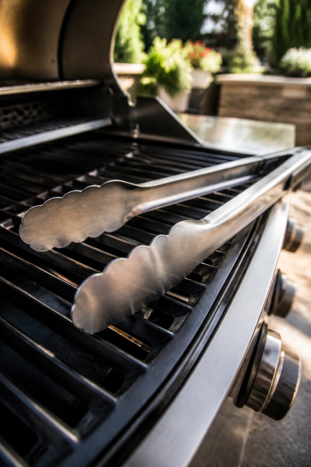 Close-up of long tongs on a grill grate