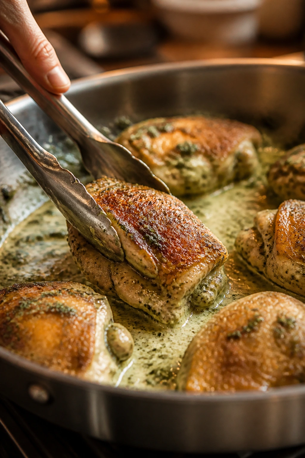 Tongs flipping a browned chicken thigh in a large skillet.