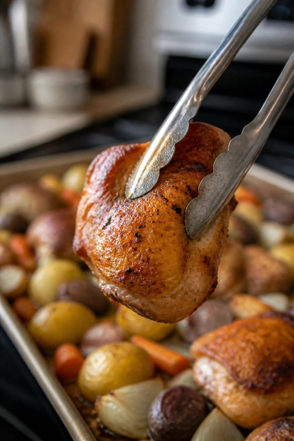 Tongs gripping a roasted chicken thigh over a pan