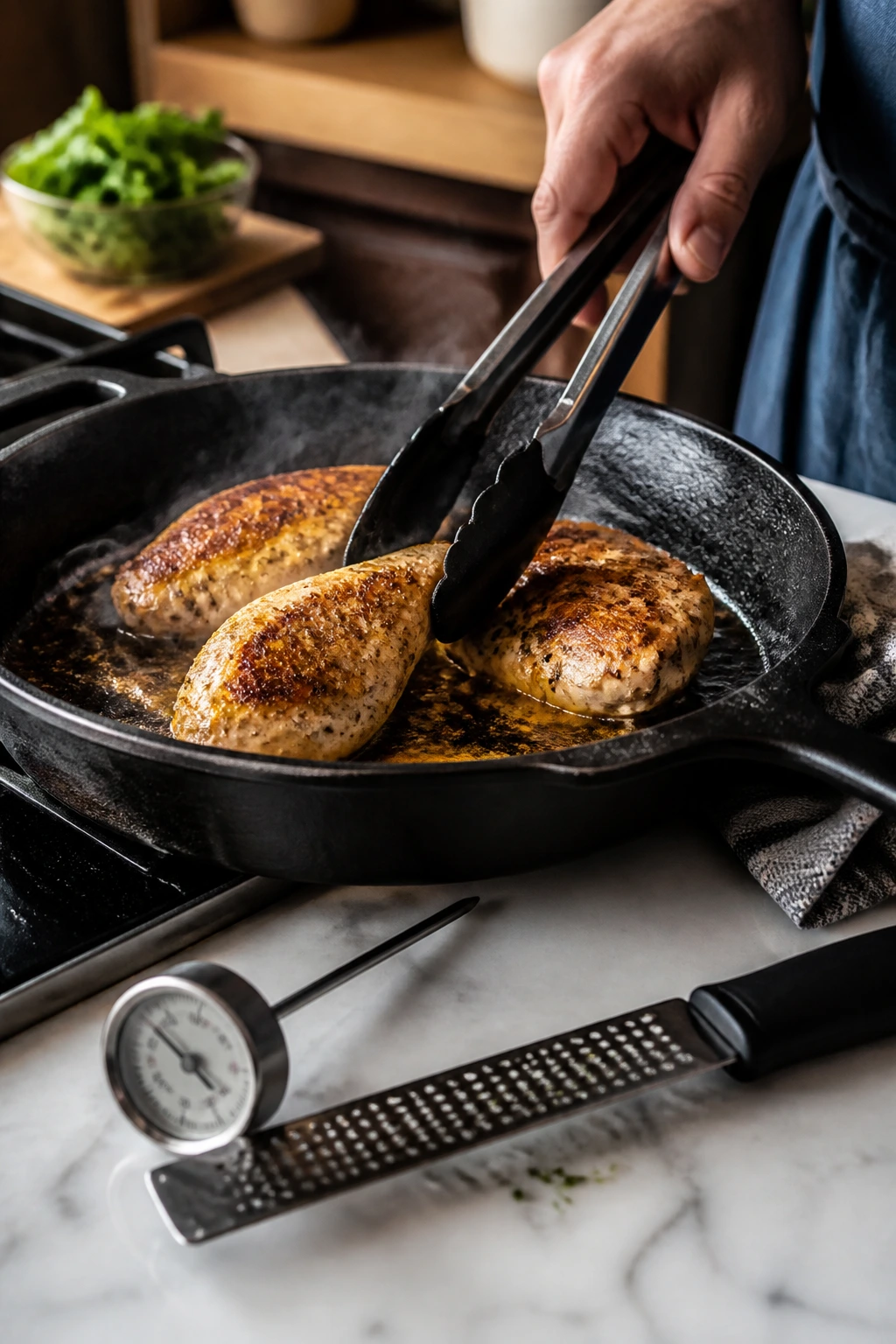 Close-up of a hand using tongs to flip chicken in a skillet with thermometer nearby
