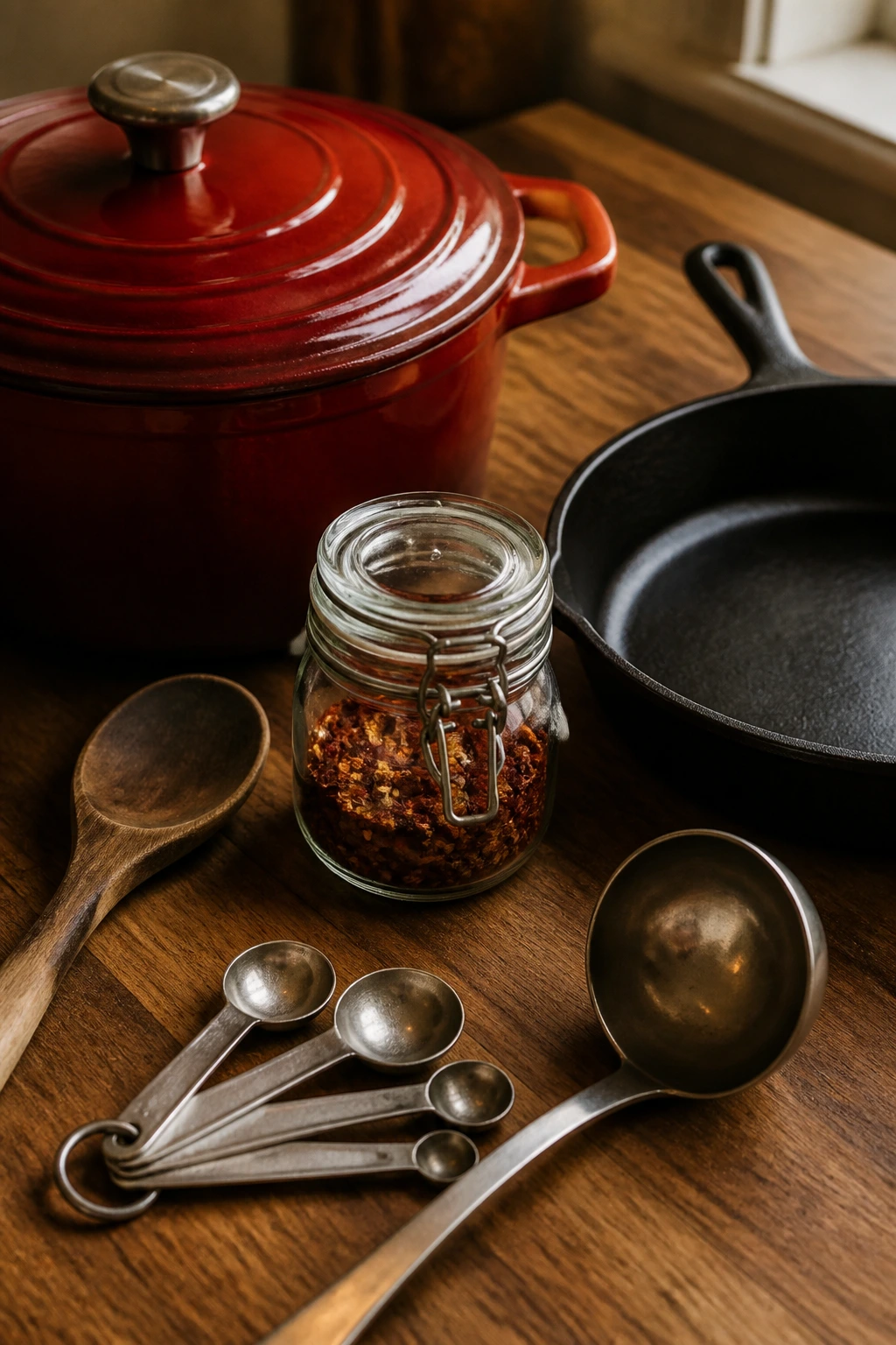 Still-life of essential chili flakes tools on a kitchen counter