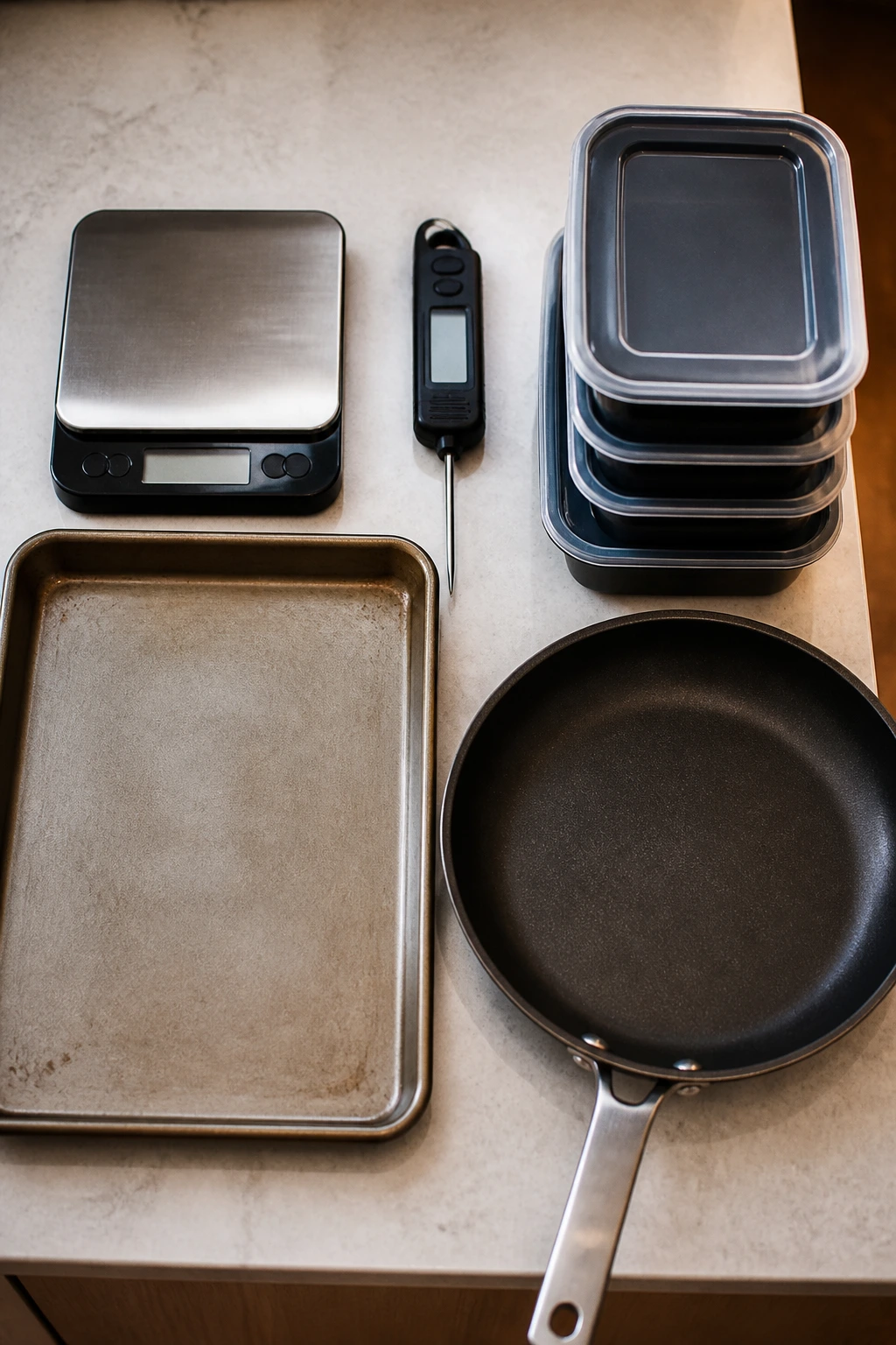 Top-down view of kitchen tools and meal-prep containers on a counter