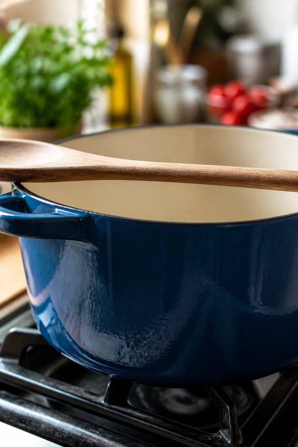 Dutch oven with wooden spoon in a kitchen setup