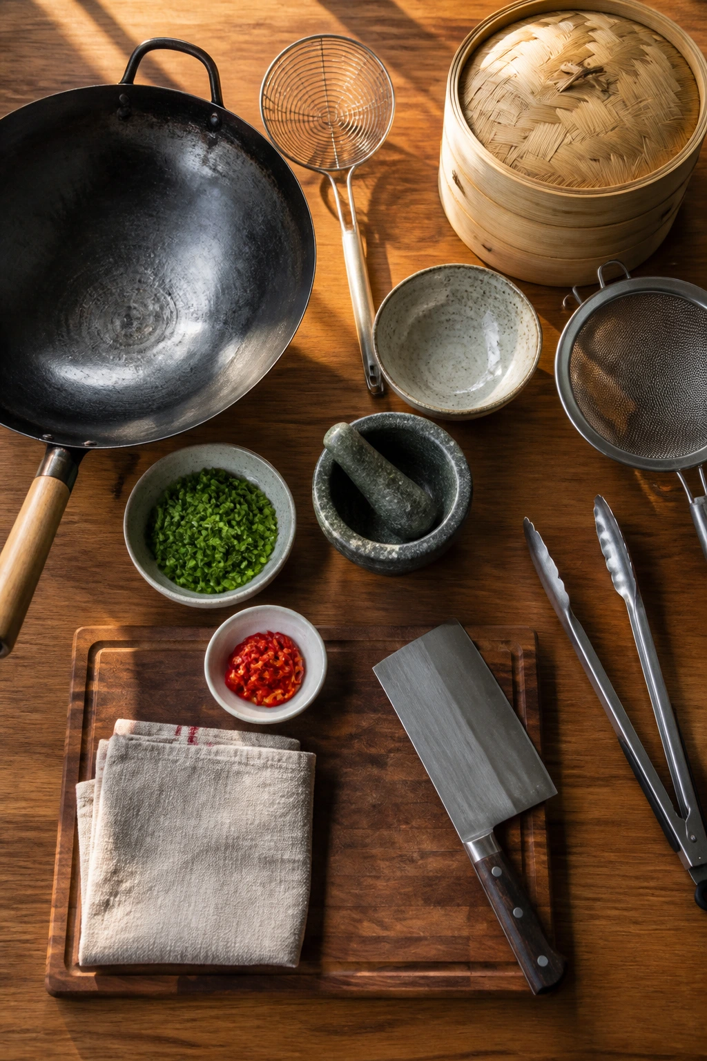 Kitchen tools arranged neatly on a wooden counter in bright light.