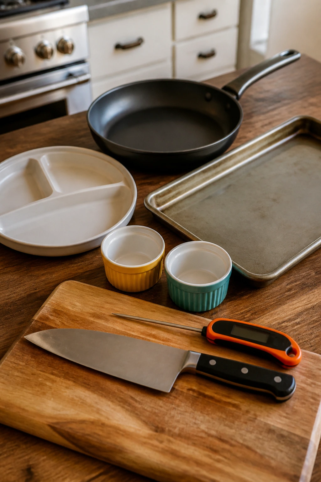 Close-up of essential kitchen tools arranged on a counter
