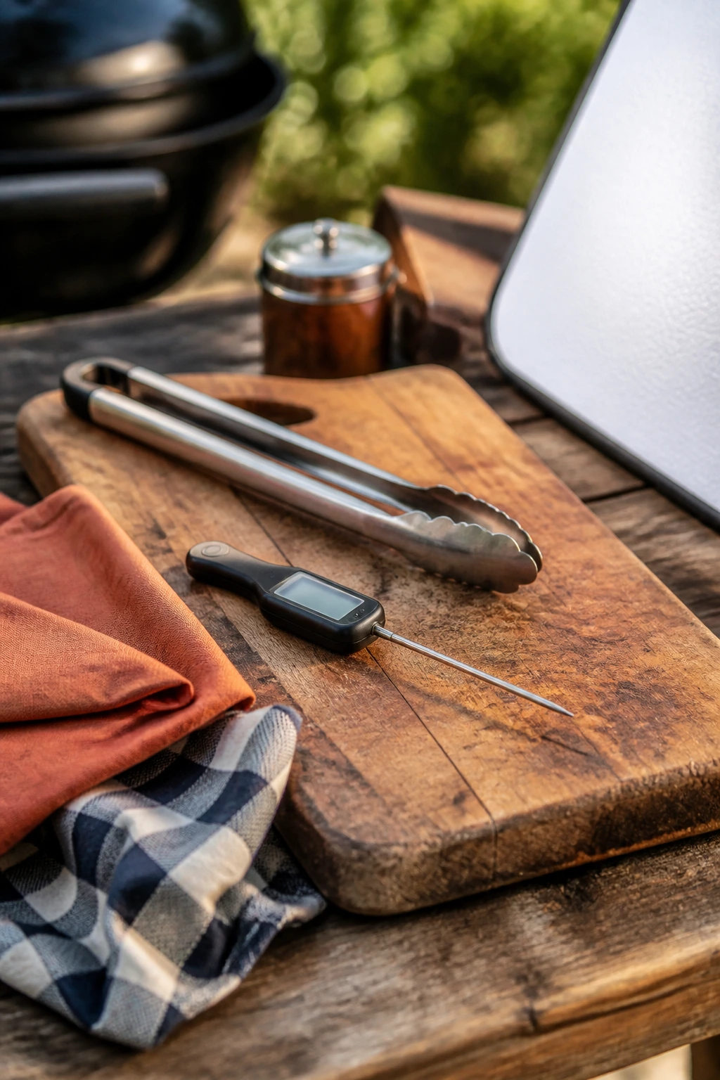 Essential backyard cookout tools on a wooden cutting board