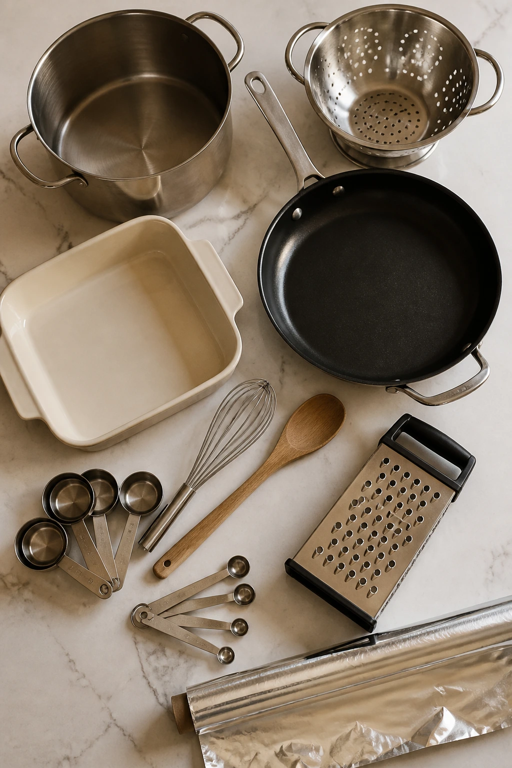 Top-down view of essential casserole tools on counter