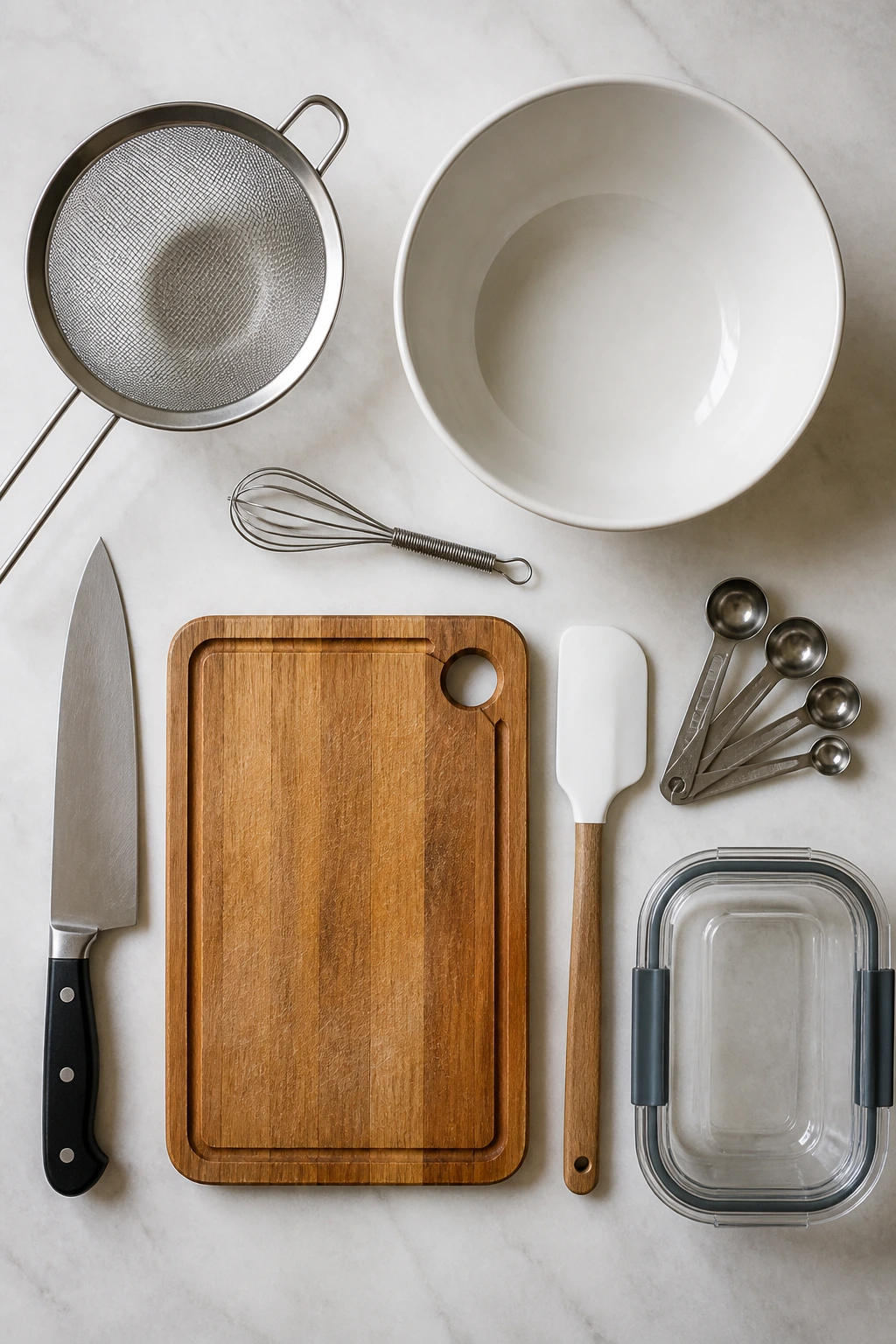 Top-down arrangement of tuna salad tools on counter
