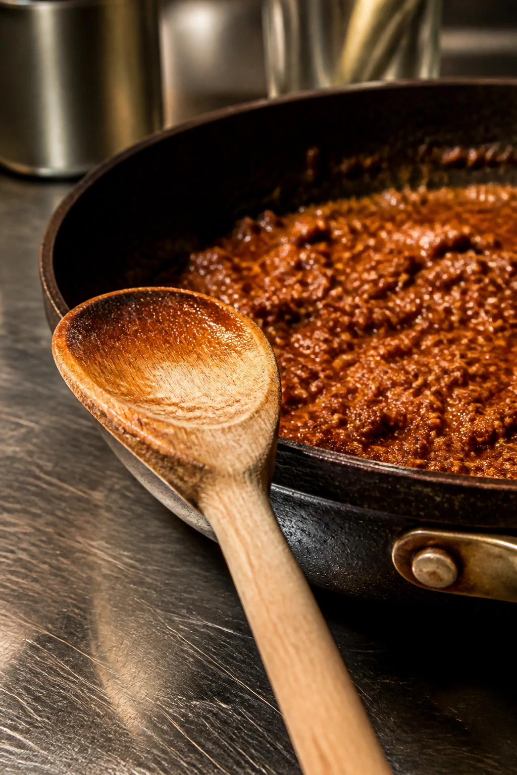 Wooden spoon on a skillet in a kitchen