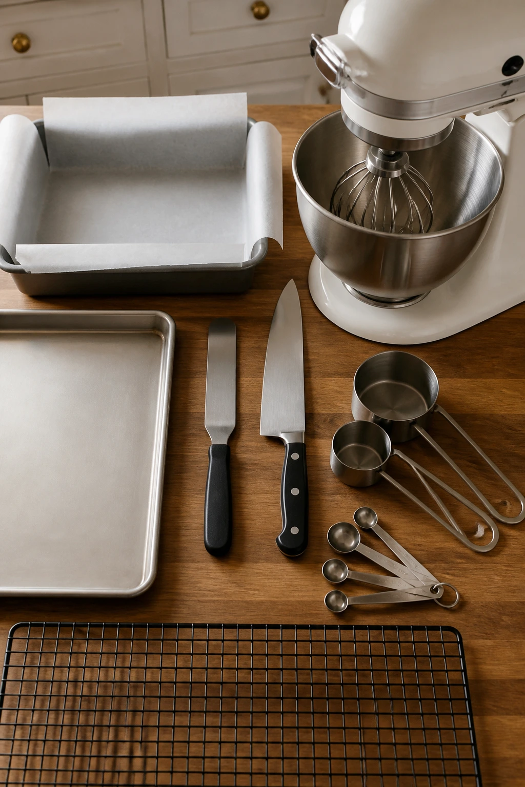 Flat lay of baking tools for assembling an ice cream sandwich cake