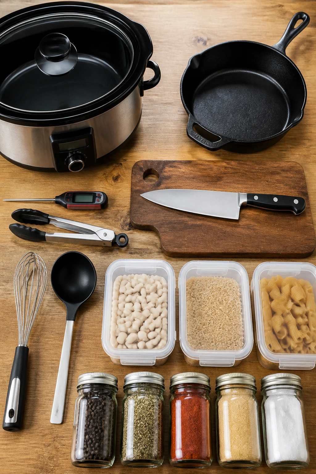 Top-down view of essential tools and pantry staples for slow cooking