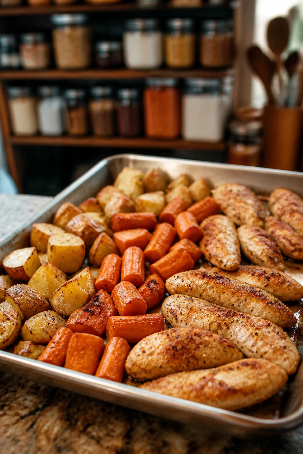 Sheet pan with roasted dinner ingredients on a kitchen counter