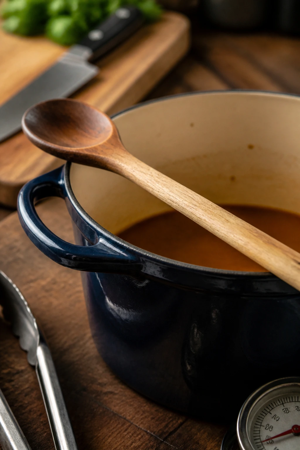 Dutch oven with wooden spoon and kitchen tools in a warm kitchen
