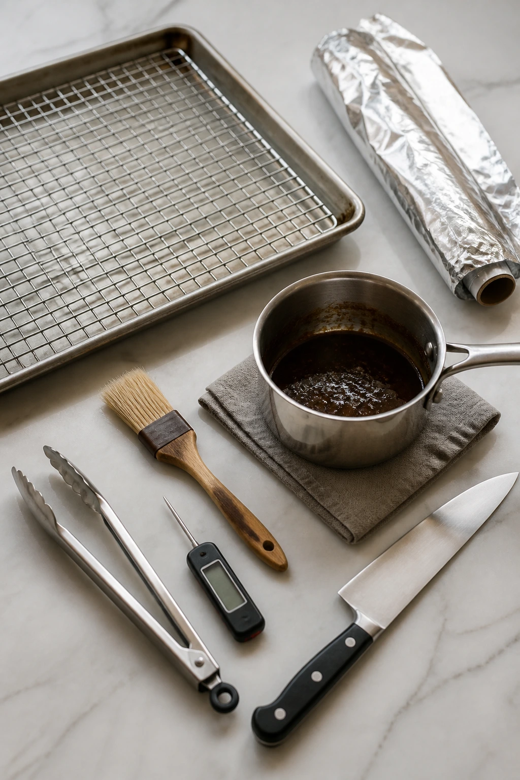 Kitchen tools for char siu prep arranged on counter