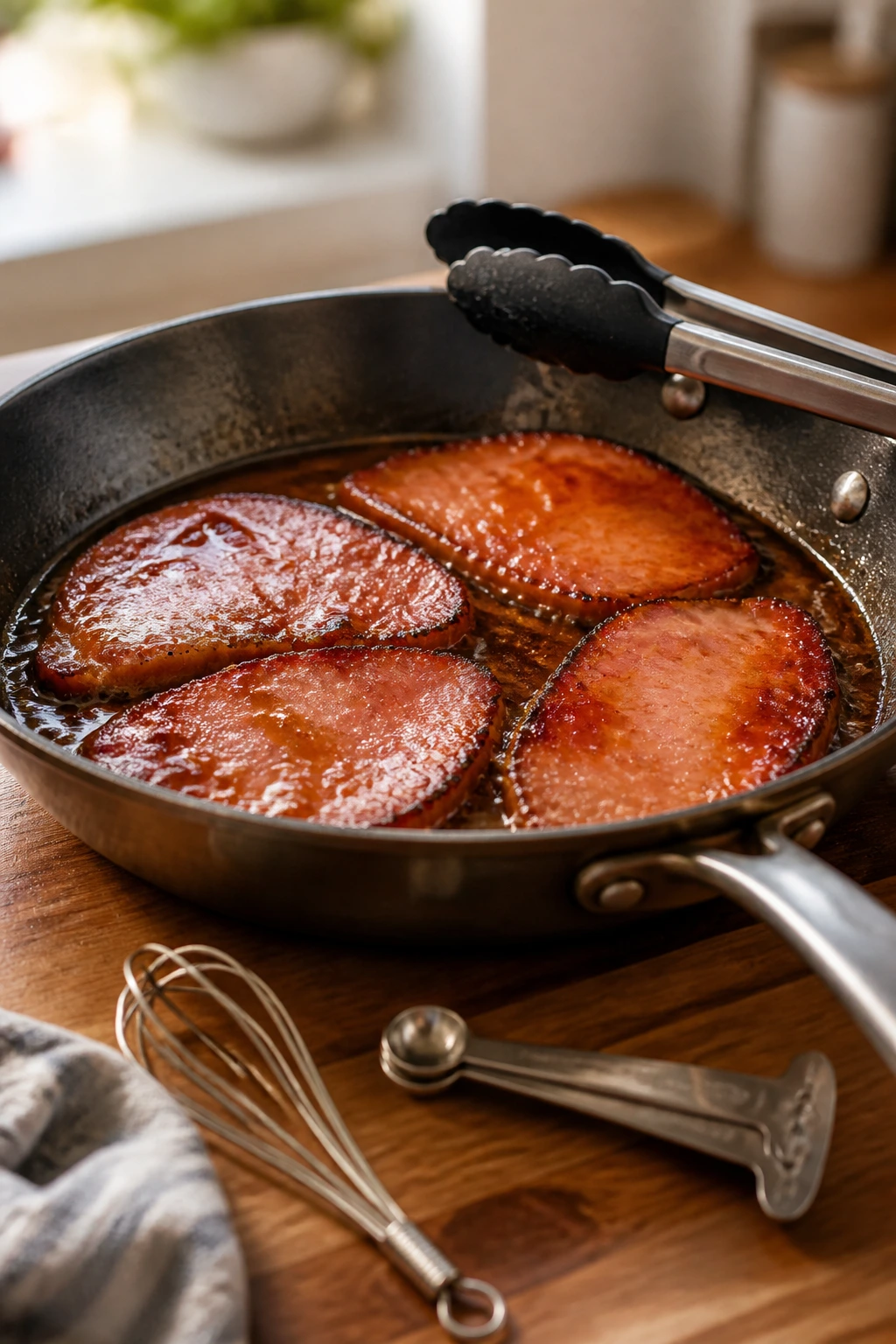Skillet with ham slices and tongs, whisk and measuring spoons nearby