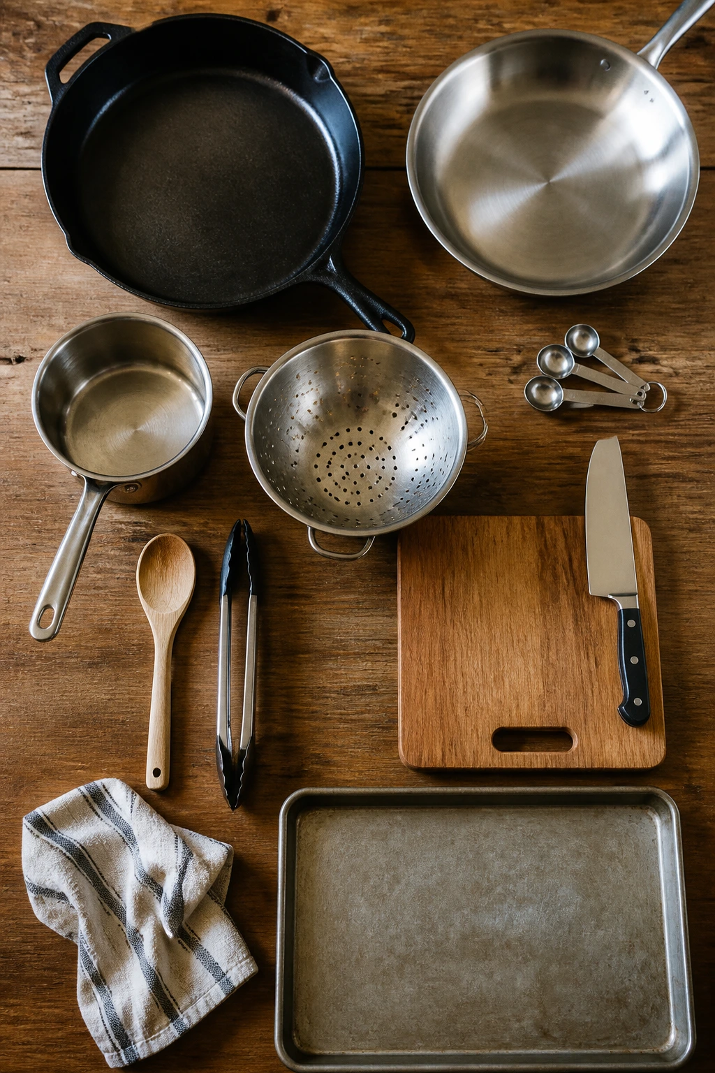 Collection of essential kitchen tools for skillet cooking