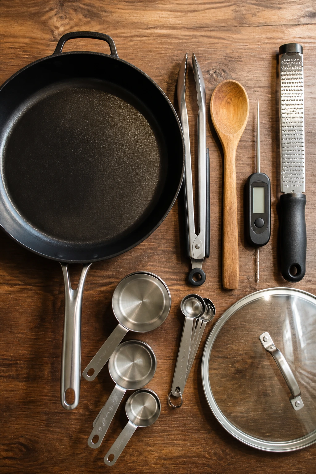 Set of essential skillet tools including tongs, thermometer, grater, and spatula.